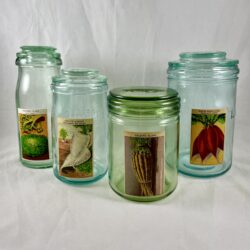 French Glass Jars with Chromolithograph Seed Labels, circa 1900, S/4